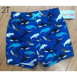 NWT Cat & Jack Toddler Boys Blue Whale Orca Beluga Swim Trunks Size 2T